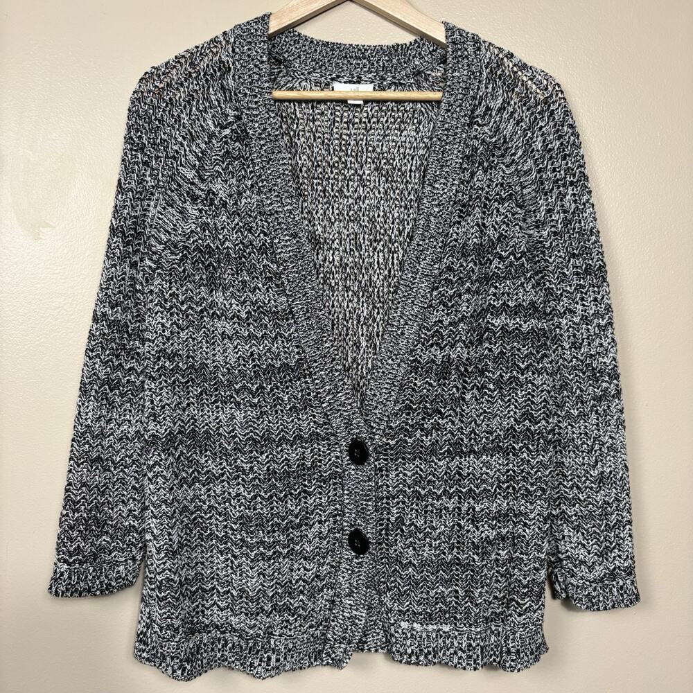 J. Jill Black White Marled Knit Cardigan XS Cotton Blend Button Front Sweater